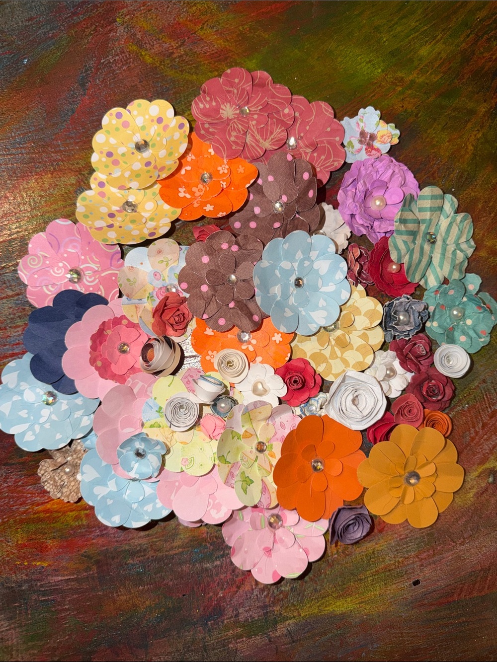 Handmade flowers paper crafted mixed color & size set of 50+ blooms bundle